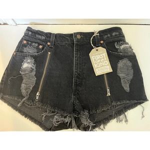 NEW! LF Furst Of A Kind Vintage Zipper Ripped Black Denim Jean Shorts. One Size.